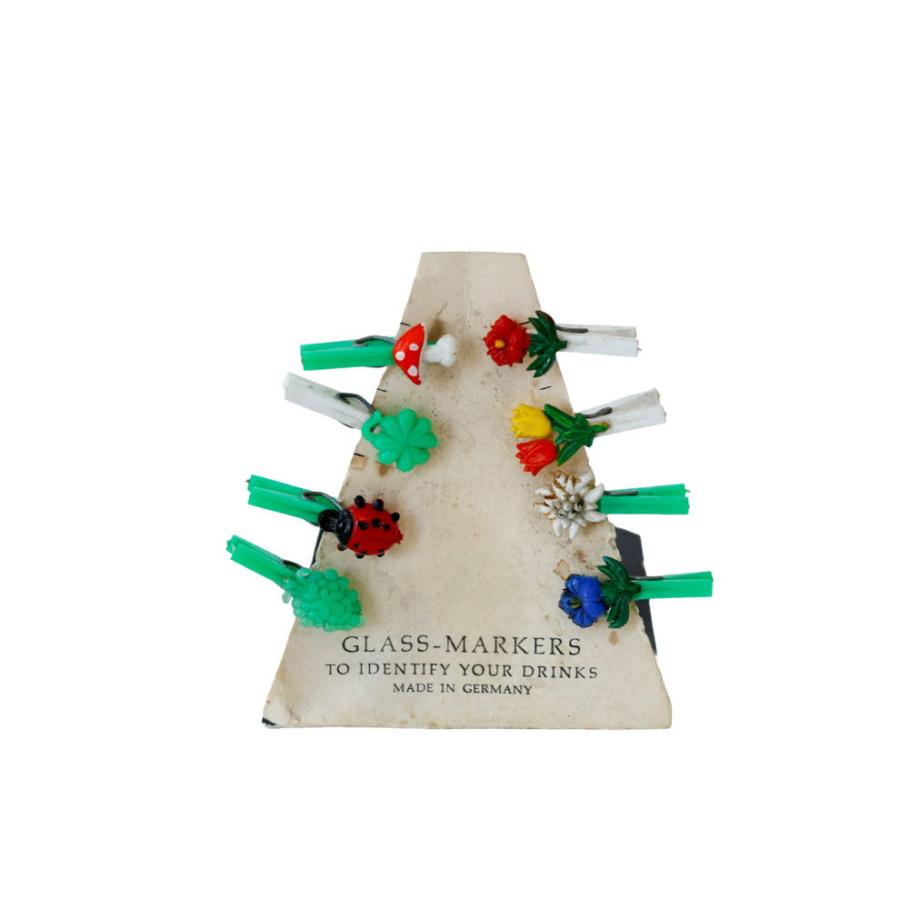 VTG Germany Glass Markers Drink Cocktail Charms Ladybug Mushroom Retro MCM Bar